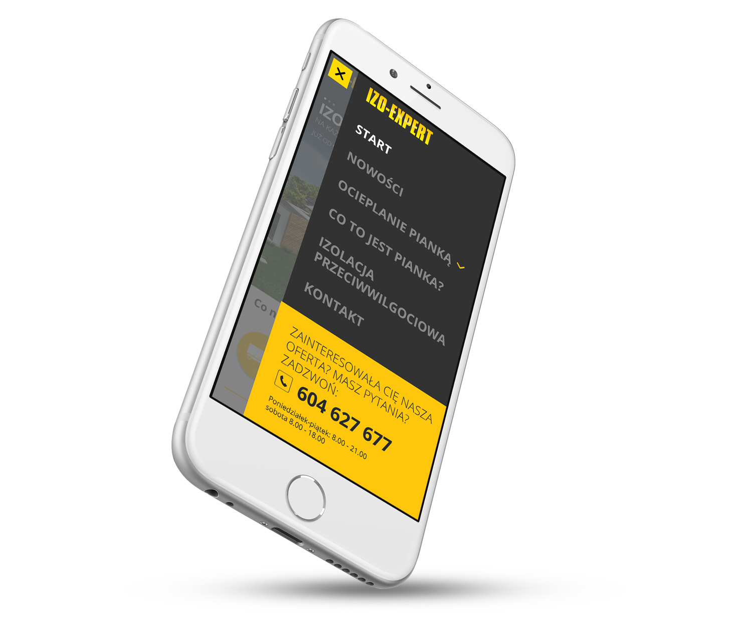 Burger menu w wersji mobilnej strony internetowej dla IZO-EXPERT - ocieplanie pianką