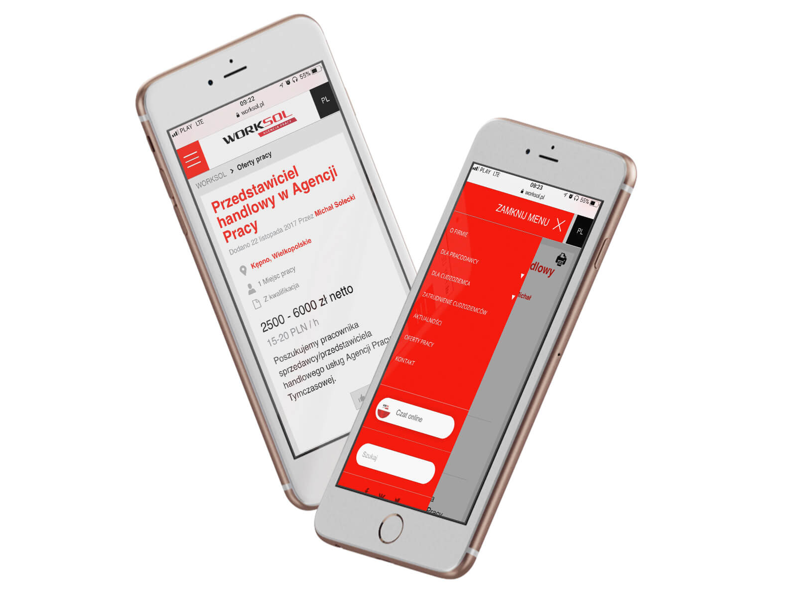 Worksol - serwis internetowy informacyjny z ofertami pracy - projekt na smartphonach